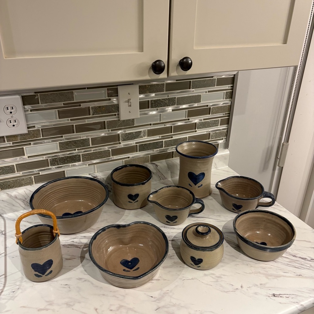 Vintage Pottery set Salt Glazed stoneware heart motif signed